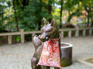 雨に濡れた稲荷神社の狛狐