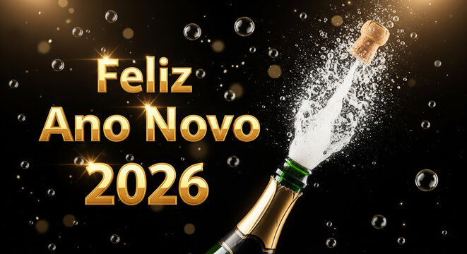 P&ocirc;ster de Ano Novo com garrafa de champanhe e texto &ldquo;Feliz Ano Novo 2026&rdquo;