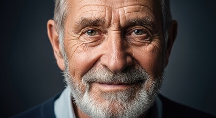A close-up portrait of a smiling elderly man with gray hair and a beard against a dark background, showing wrinkles and kind eyes. His gaze is direct and gentle