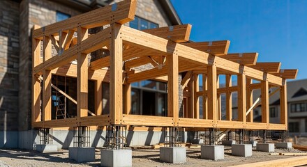 New construction reveals exposed wooden beams forming a porch-like structure, supported by concrete pillars. The building is partially visible in the background against a clear, sunny sky