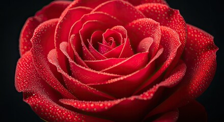 A close-up showcases a vibrant, velvety red flower, possibly a rose, against a stark black background. Delicate water droplets adorn the petals. The image highlights texture and form