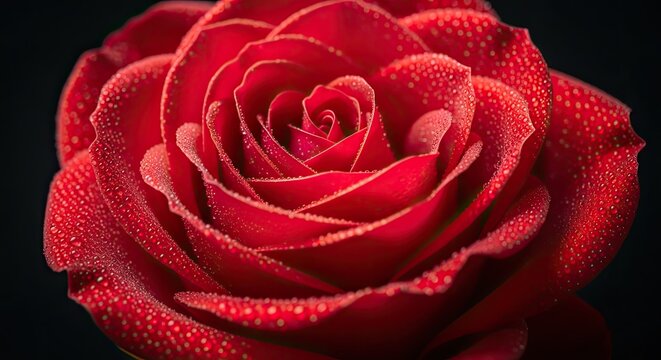 A close-up showcases a vibrant, velvety red flower, possibly a rose, against a stark black background. Delicate water droplets adorn the petals. The image highlights texture and form - Powered by Adobe