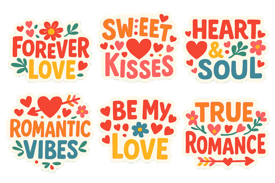 Romantic messages flat icons set. featuring forever love, sweet kisses, heart and soul, romantic vibes, be my love, true romance