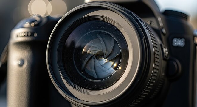 A close-up showcases a camera lens with aperture blades creating a circular opening. The sleek black body provides a backdrop, with a shallow depth of field enhancing the focus. Bokeh dots are visible