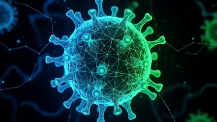 Abstract 3D rendering of a virus particle with glowing blue and green light and network connections. - Powered by Adobe