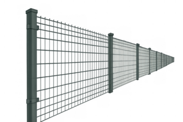 Metal wire mesh fence with privacy slats and posts on a transparent background, creating a secure boundary