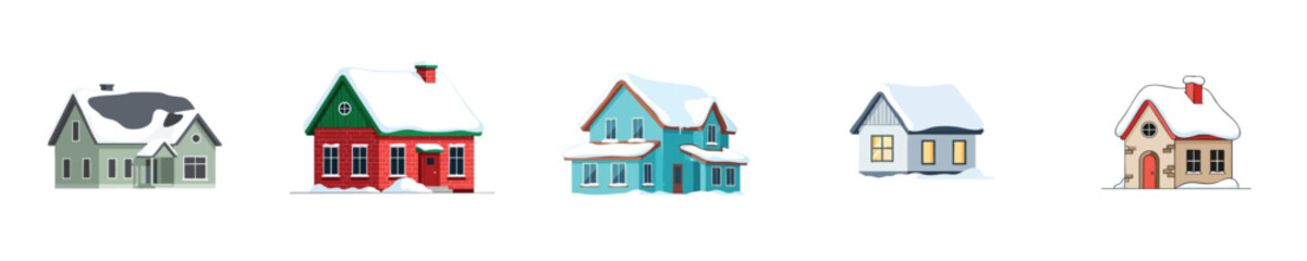 Residential Neighborhood Winter Real Estate Homes Collection Vector Flat Design Set