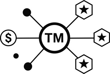 Central trademark hub illustration showing TM connected to brand identity, commercial value, quality stars, network nodes, and business asset protection visual concept