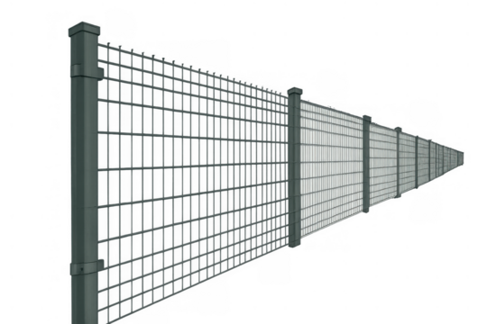 Metal wire mesh fence with privacy slats and posts on a transparent background, creating a secure boundary