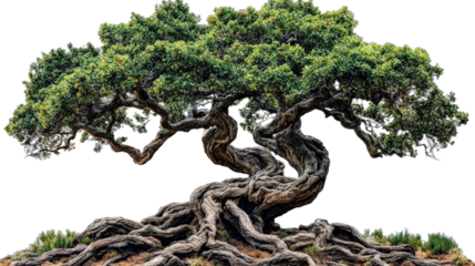 Exquisite ancient tree with twisted trunk and lush green foliage