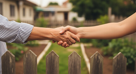 Two people shaking hands over a wooden picket fence, blurred suburban neighborhood background, property deal, neighbor agreement