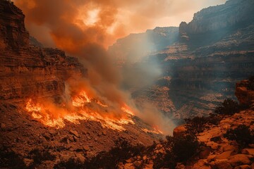 Fototapeta premium Fierce wildfire burning through a canyon landscape.