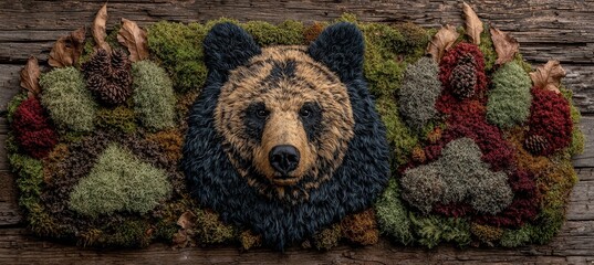 Obraz premium a carved bear head surrounded by various plants and flowers, arranged on a wooden surface