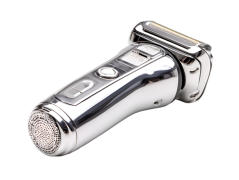 Modern chrome electric shaver with illuminated foil head and buttons isolated on a black background studio shot