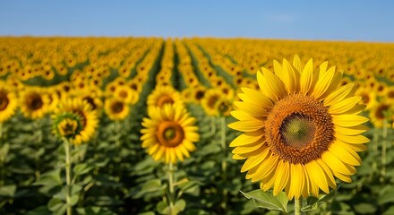 Fototapeta premium Vibrant Sunflower Field with Close-up Bloom and Rows of Yellow Flowers image photo