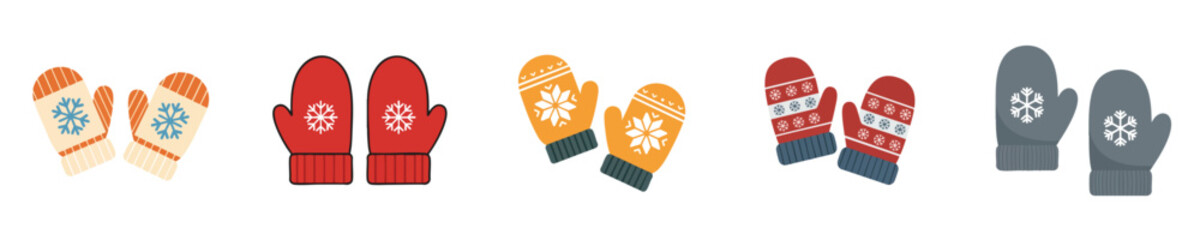 Childlike Snowflake Mittens Snow Activities Set Vector Flat Element