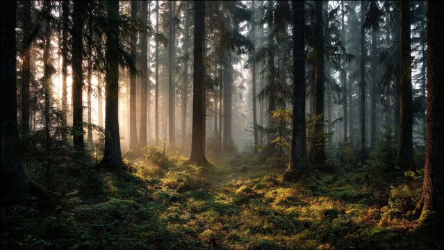 A misty forest in the early morning, tall trees, the sunrise light filtering in, a magical atmosphere.
- Powered by Adobe