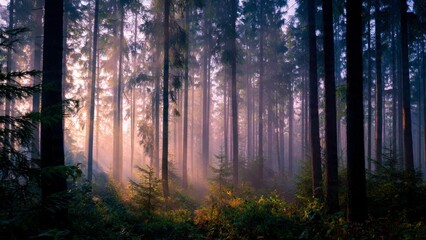 A misty forest in the early morning, tall trees, the sunrise light filtering in, a magical atmosphere