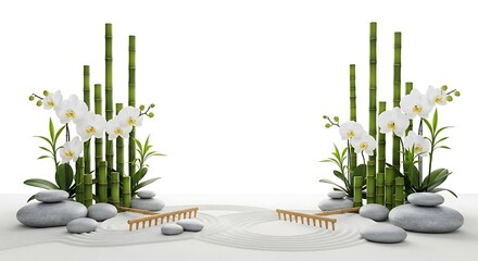 Zen Garden Arrangement with Bamboo Orchids and Raked Sand and Smooth Stones kdhfishd stock
