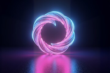 Neon pink and blue glowing spiral ring floats on reflective surface, vibrant colors against dark background.