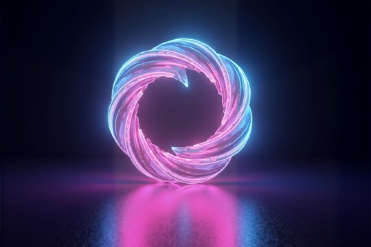 Neon pink and blue glowing spiral ring floats on reflective surface, vibrant colors against dark background.