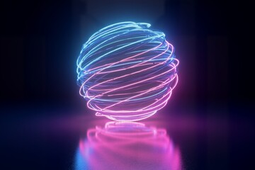 Neon pink and blue glowing spiral ring floats on reflective surface, vibrant colors against dark background.