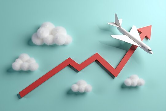 Paper airplane soars above rising red graph, symbolizing growth and success against a serene sky backdrop.