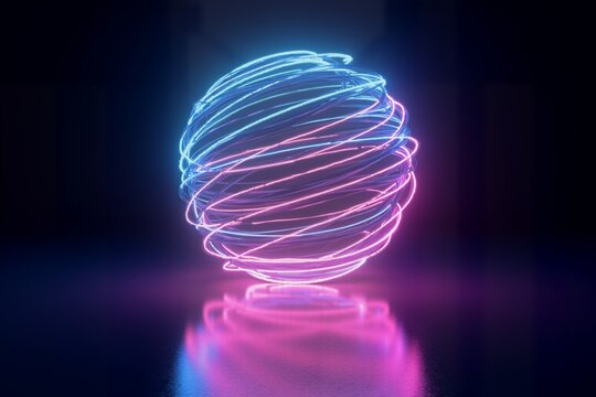Neon pink and blue glowing spiral ring floats on reflective surface, vibrant colors against dark background.