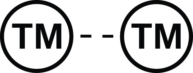 Paired TM trademark symbols in circles, connecting dashes between marks, branding comparison concept, intellectual property icon set, legal trademark vector illustration design
