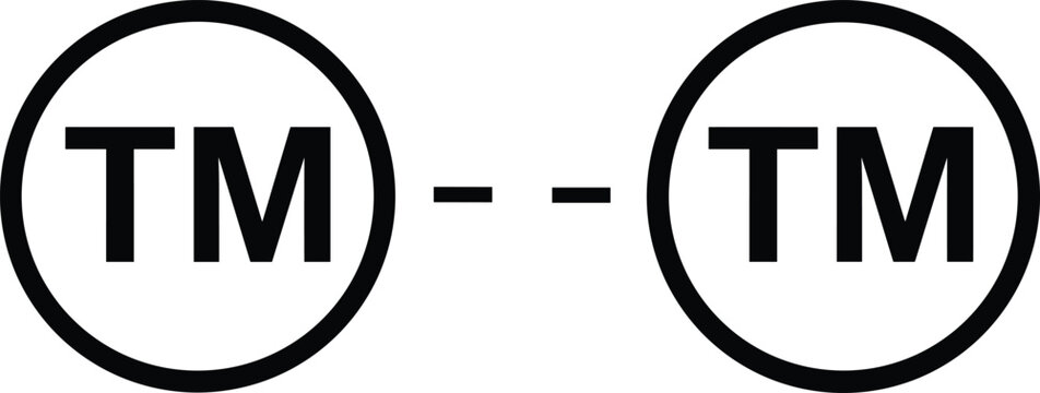 Paired TM trademark symbols in circles, connecting dashes between marks, branding comparison concept, intellectual property icon set, legal trademark vector illustration design