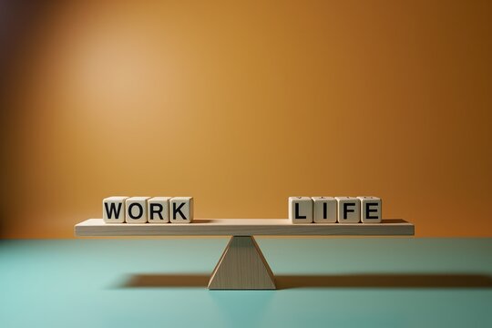 Wooden blocks spell "WORK" and "LIFE" on a seesaw, symbolizing balance between professional duties and personal well-being.
