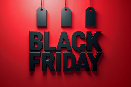 Black Friday sale tags hang above bold text, glowing red background. Shopping discount promotion visual.