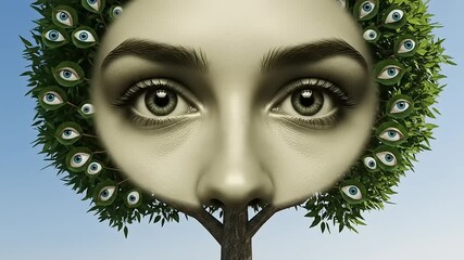 Surreal Conceptual Art of a Watchful Tree with a Human Face.