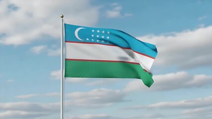 Dynamic Uzbekistan flag gracefully waving against a bright blue sky with fluffy clouds, symbolizing national pride and freedom.