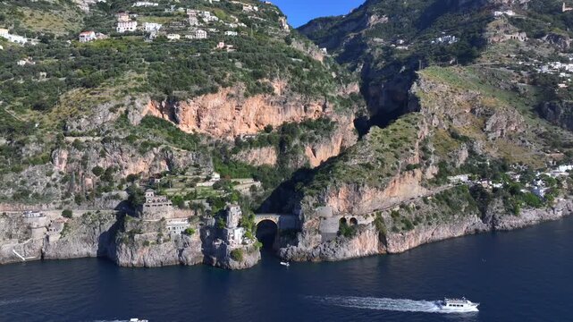 Aerial Shot of Fiordo di Furore, Fjord of Furore. Azure Water, Cliffs, Big Canyon, famous bridge in Amalfi coast, Italy