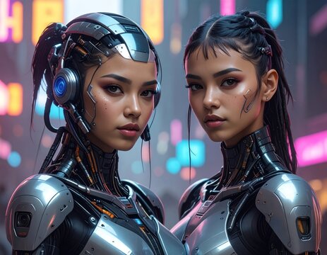 Two androids gaze forward against a futuristic neon cityscape - Powered by Adobe