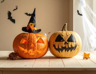 Two carved pumpkins with decorations ready for the Halloween holiday