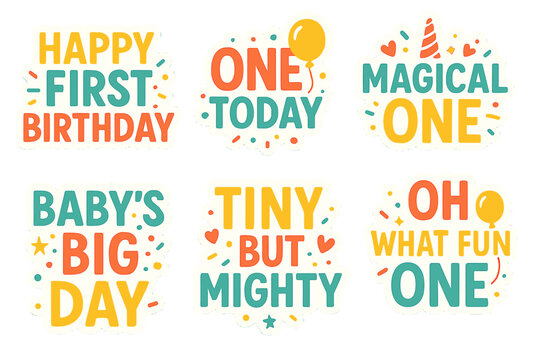 Birthday celebration flat icon set. featuring happy first birthday, one today, magical one, baby's big day, tiny but mighty, oh what fun one - Powered by Adobe