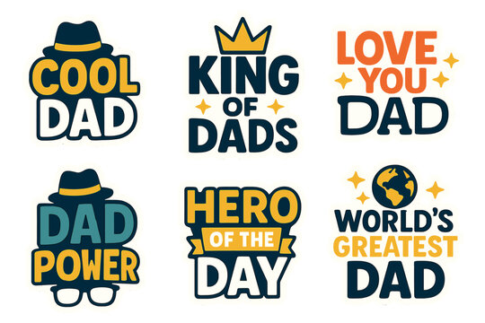 Father's day silhouette icon set. featuring cool dad, king of dads, love you dad, dad power, hero of the day, world's greatest dad