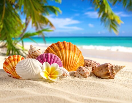 Tropical beach scene with seashells, flower, sand, and ocean backdrop