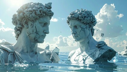 Two classical, fragmented statues face each other in ocean water