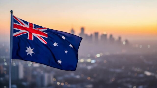 Australian flag waving with cityscape background during Golden hour. Blue national symbol on Independence Day with vibrant sky.