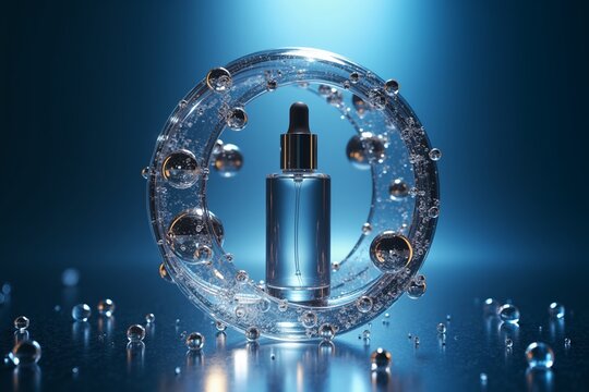 Futuristic perfume bottle encased in glowing sphere, surrounded by crystalline molecular structures on reflective surface.