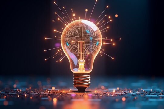 Glowing light bulb contains digital brain circuitry, sparking ideas. Futuristic innovation symbolizing smart technology and creativity in dark space.