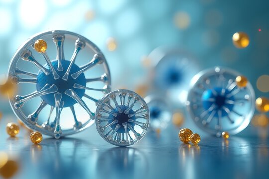 Blue virus particles float in glowing blue space, surrounded by orange spheres and golden spikes. Sci-fi microscopic world.