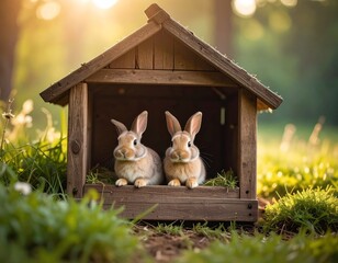 Two fluffy bunnies sit inside a wooden miniature house in a sunny glade
