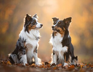 Two fluffy dogs sit facing each other amidst autumn leaves and sunlight