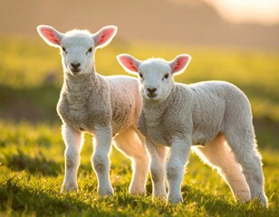 Two fluffy lambs standing on sunlit grassy meadow, looking forward
