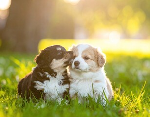 Two fluffy puppies embracing in a sunny grassy field, outdoors