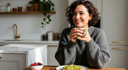 Woman smiling holding a mug in a kitchen with avocado toast and berries on the table in front of her